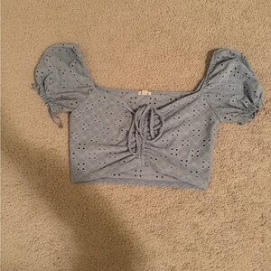 Garage Light Blue Eyelet Puff Sleeve Crop Top